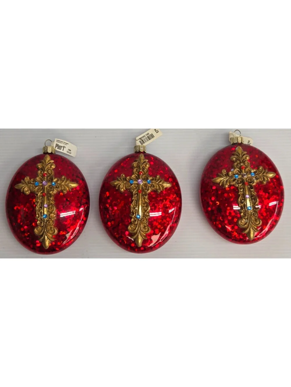Pier 1 Red Glitter Glass Gold Cross Gem Christmas Ornaments Set of 3